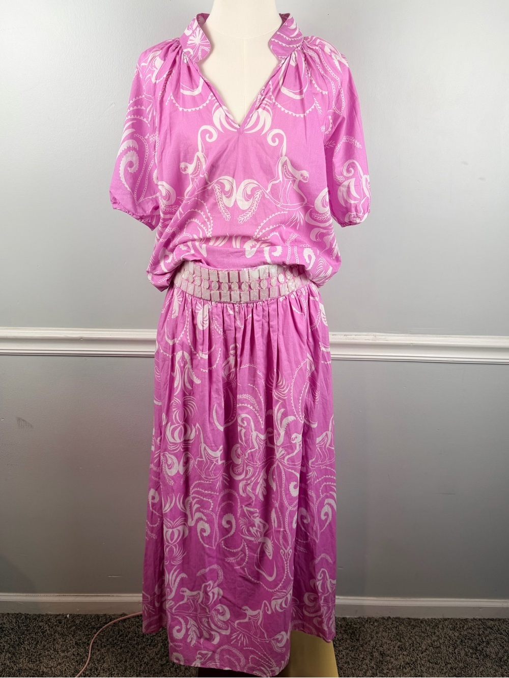 Sheridan French Two Piece blouse skirt pink purple monkey beaded print small